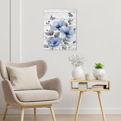 Rustic Yellow Floral Wall Art for Bathroom, Yellow and Gray Flower Butterfly on Rustic Wood Canvas Wall Art Country Wildflower pictures for Living Room Bedroom Wall Decor,16L X 12W inches