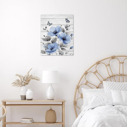 Rustic Yellow Floral Wall Art for Bathroom, Yellow and Gray Flower Butterfly on Rustic Wood Canvas Wall Art Country Wildflower pictures for Living Room Bedroom Wall Decor,16L X 12W inches