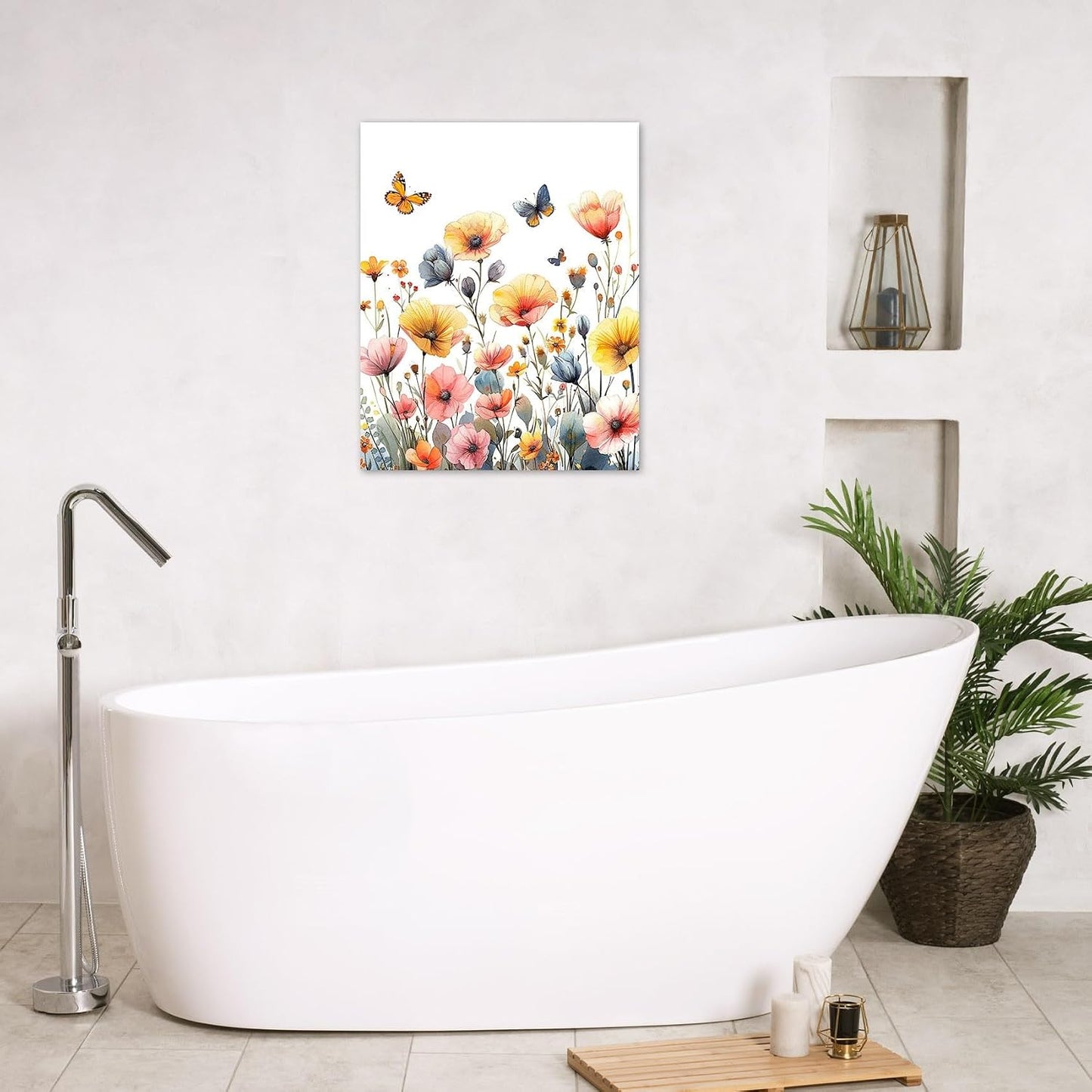Rustic Yellow Floral Wall Art for Bathroom, Yellow and Gray Flower Butterfly on Rustic Wood Canvas Wall Art Country Wildflower pictures for Living Room Bedroom Wall Decor,16L X 12W inches