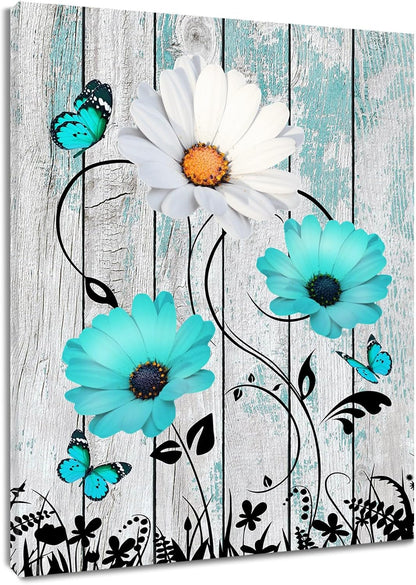 Rustic Yellow Floral Wall Art for Bathroom, Yellow and Gray Flower Butterfly on Rustic Wood Canvas Wall Art Country Wildflower pictures for Living Room Bedroom Wall Decor,16L X 12W inches