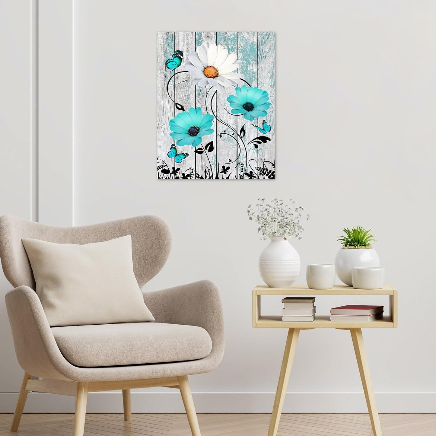 Rustic Yellow Floral Wall Art for Bathroom, Yellow and Gray Flower Butterfly on Rustic Wood Canvas Wall Art Country Wildflower pictures for Living Room Bedroom Wall Decor,16L X 12W inches