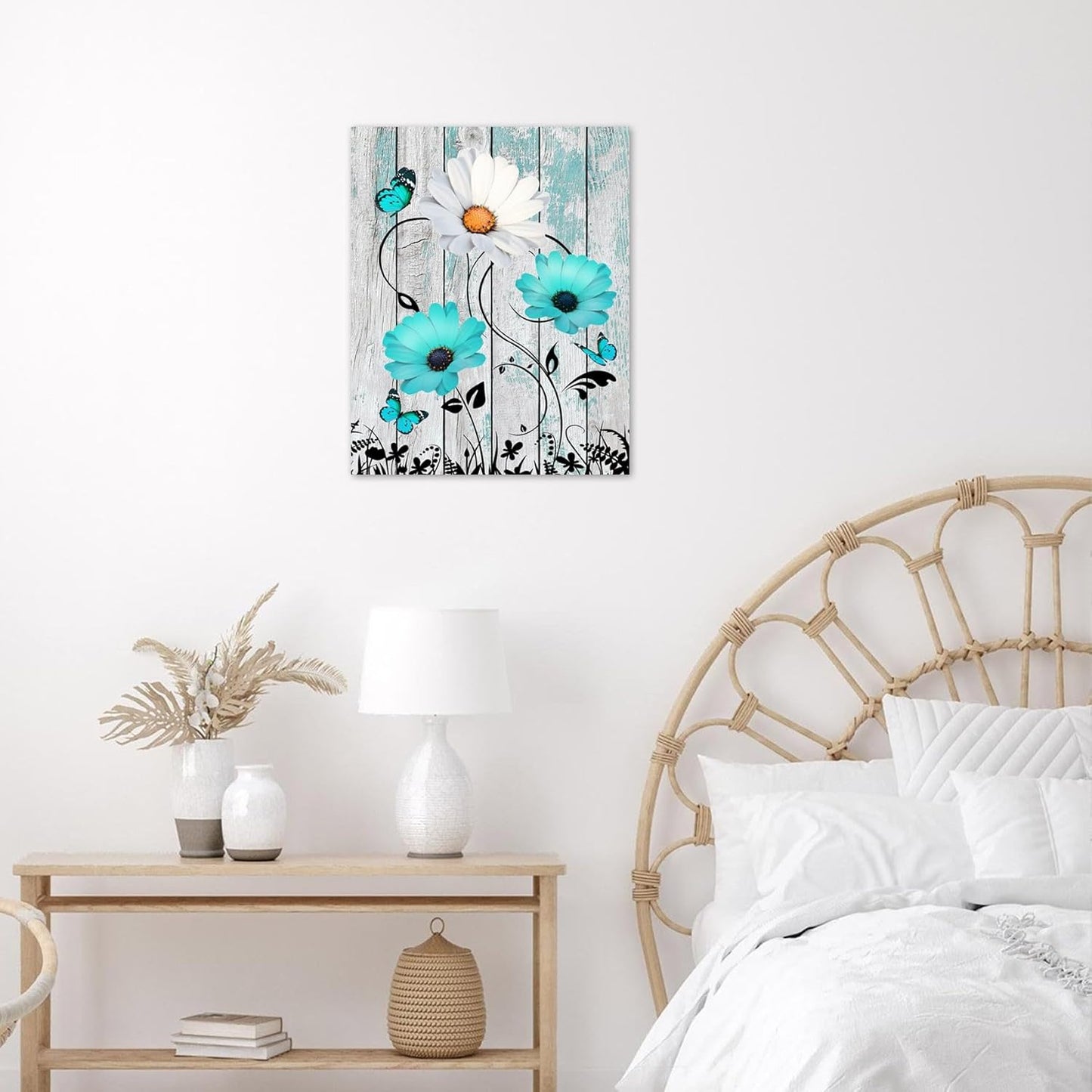 Rustic Yellow Floral Wall Art for Bathroom, Yellow and Gray Flower Butterfly on Rustic Wood Canvas Wall Art Country Wildflower pictures for Living Room Bedroom Wall Decor,16L X 12W inches