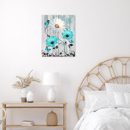 Rustic Yellow Floral Wall Art for Bathroom, Yellow and Gray Flower Butterfly on Rustic Wood Canvas Wall Art Country Wildflower pictures for Living Room Bedroom Wall Decor,16L X 12W inches