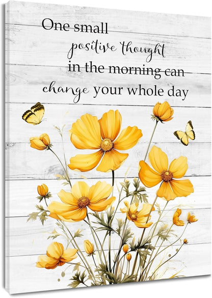 Rustic Yellow Floral Wall Art for Bathroom, Yellow and Gray Flower Butterfly on Rustic Wood Canvas Wall Art Country Wildflower pictures for Living Room Bedroom Wall Decor,16L X 12W inches