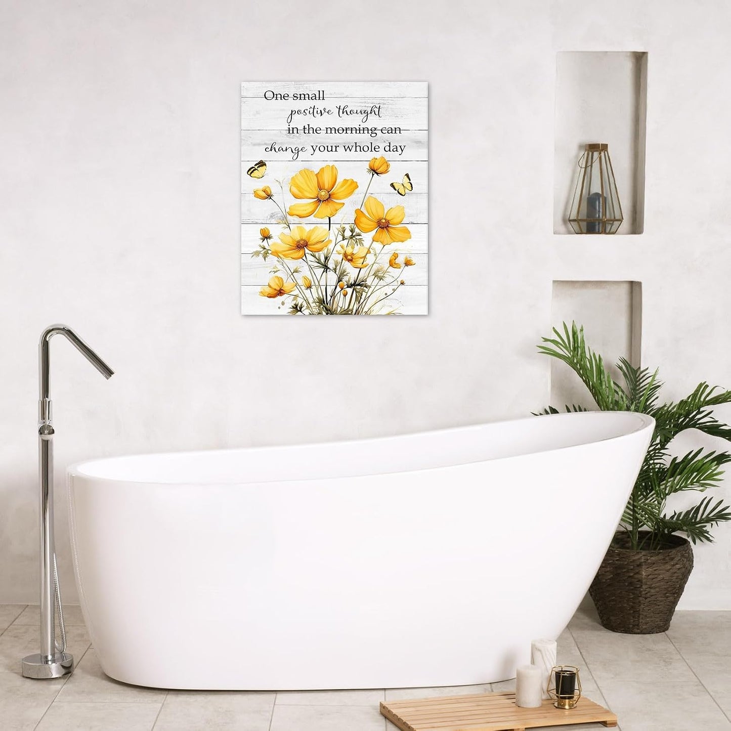Rustic Yellow Floral Wall Art for Bathroom, Yellow and Gray Flower Butterfly on Rustic Wood Canvas Wall Art Country Wildflower pictures for Living Room Bedroom Wall Decor,16L X 12W inches