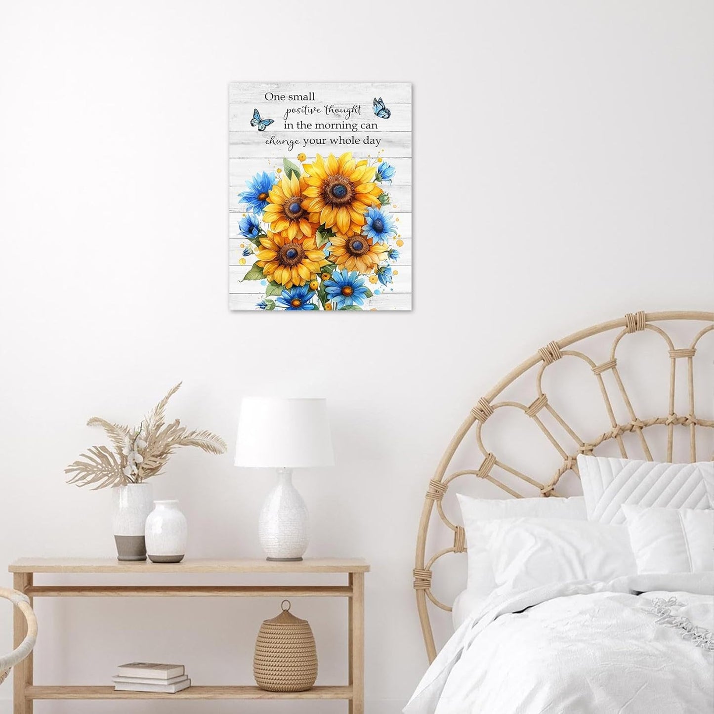 Rustic Yellow Floral Wall Art for Bathroom, Yellow and Gray Flower Butterfly on Rustic Wood Canvas Wall Art Country Wildflower pictures for Living Room Bedroom Wall Decor,16L X 12W inches
