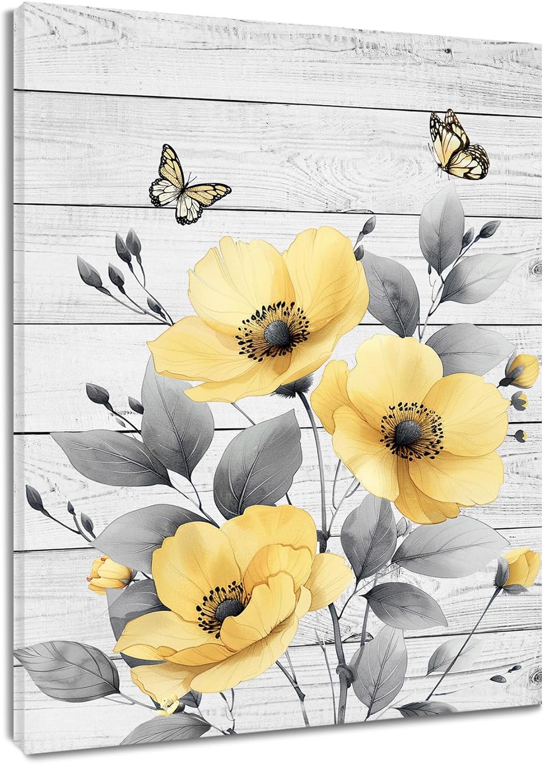 Rustic Yellow Floral Wall Art for Bathroom, Yellow and Gray Flower Butterfly on Rustic Wood Canvas Wall Art Country Wildflower pictures for Living Room Bedroom Wall Decor,16L X 12W inches