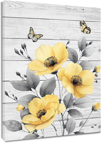 Rustic Yellow Floral Wall Art for Bathroom, Yellow and Gray Flower Butterfly on Rustic Wood Canvas Wall Art Country Wildflower pictures for Living Room Bedroom Wall Decor,16L X 12W inches