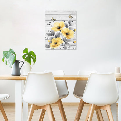 Rustic Yellow Floral Wall Art for Bathroom, Yellow and Gray Flower Butterfly on Rustic Wood Canvas Wall Art Country Wildflower pictures for Living Room Bedroom Wall Decor,16L X 12W inches