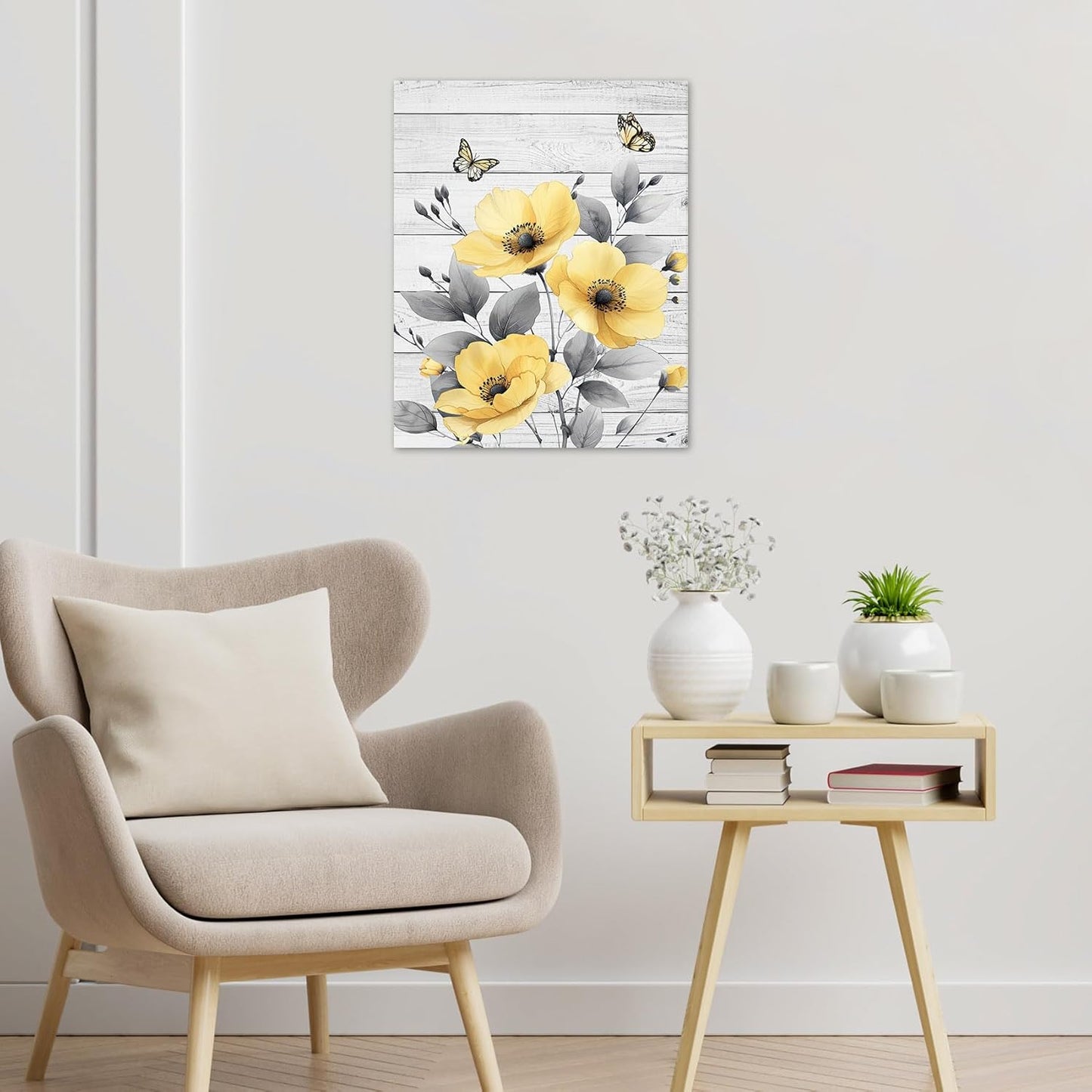 Rustic Yellow Floral Wall Art for Bathroom, Yellow and Gray Flower Butterfly on Rustic Wood Canvas Wall Art Country Wildflower pictures for Living Room Bedroom Wall Decor,16L X 12W inches