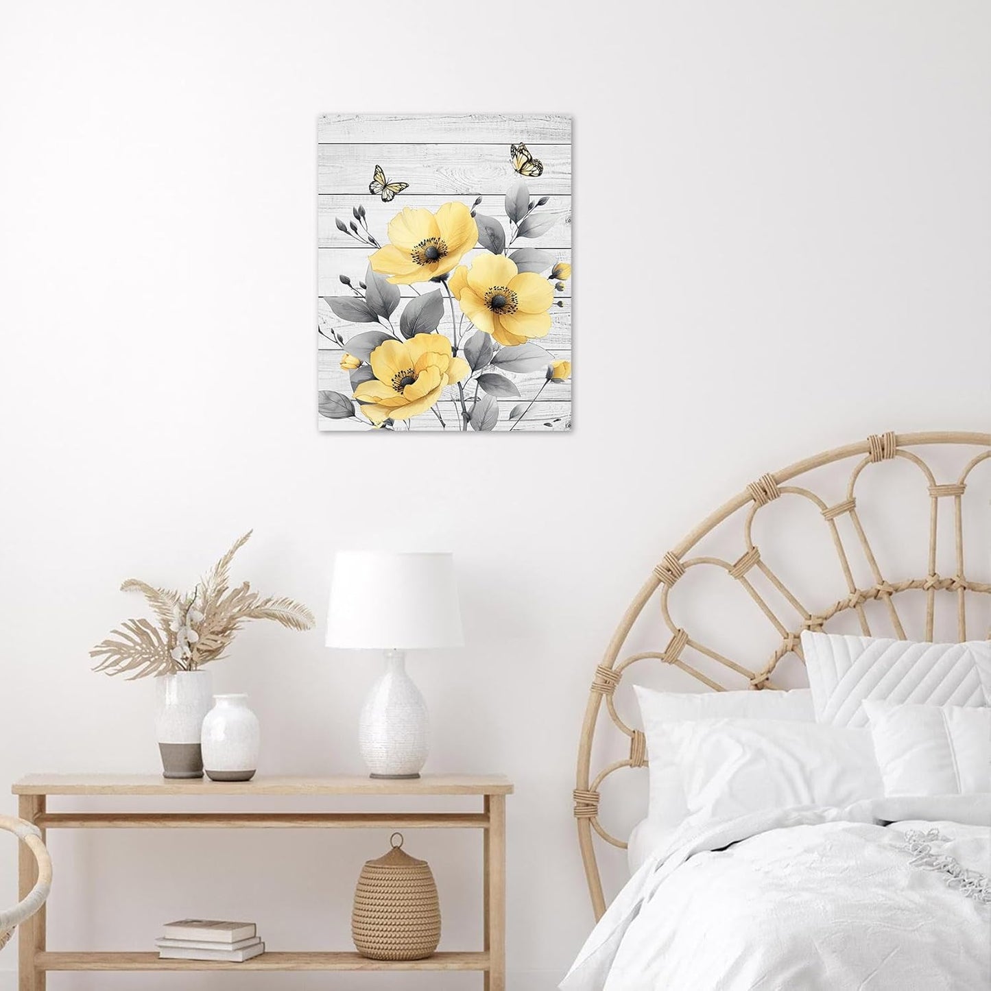 Rustic Yellow Floral Wall Art for Bathroom, Yellow and Gray Flower Butterfly on Rustic Wood Canvas Wall Art Country Wildflower pictures for Living Room Bedroom Wall Decor,16L X 12W inches