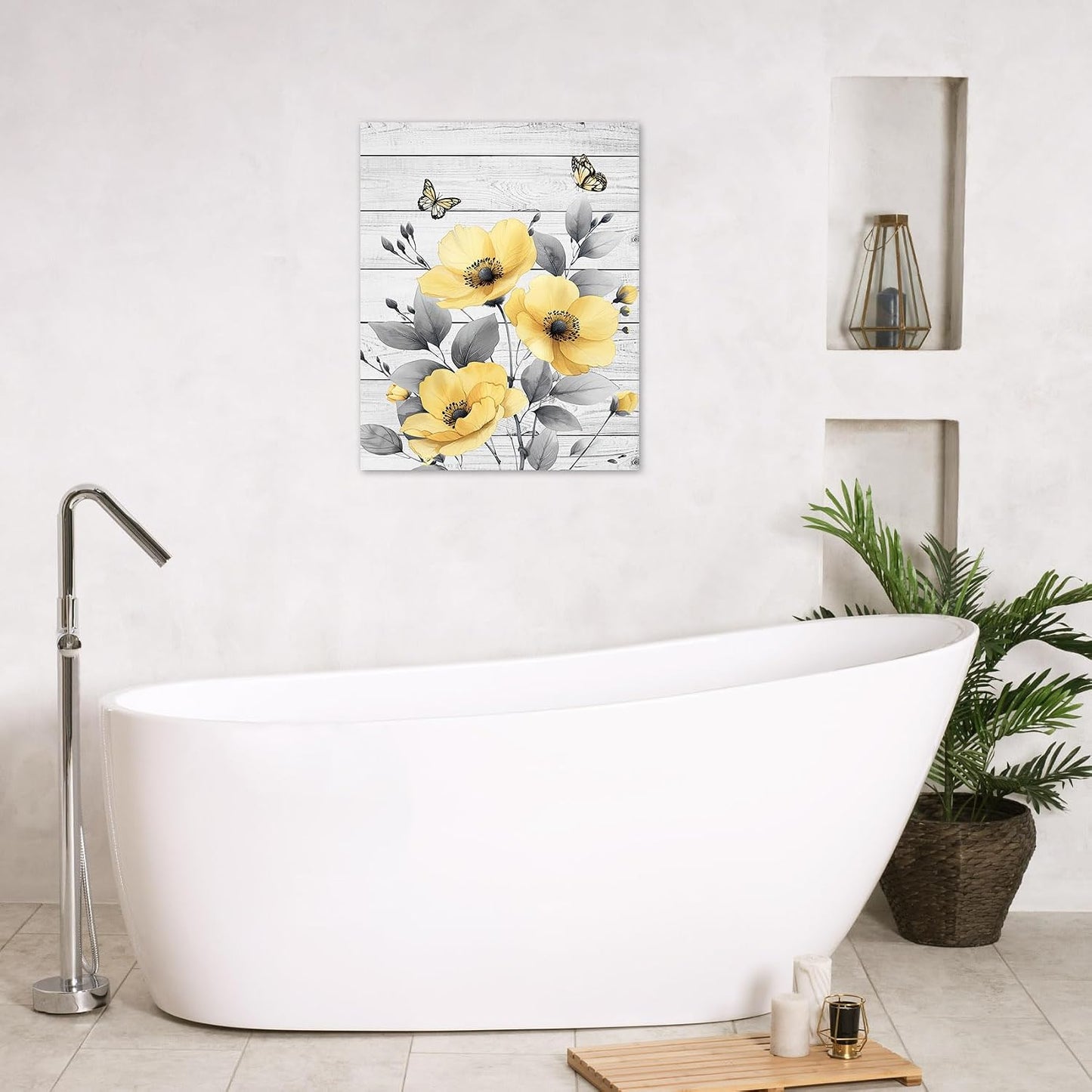 Rustic Yellow Floral Wall Art for Bathroom, Yellow and Gray Flower Butterfly on Rustic Wood Canvas Wall Art Country Wildflower pictures for Living Room Bedroom Wall Decor,16L X 12W inches