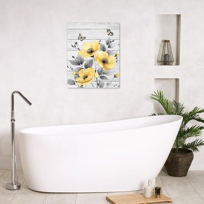 Rustic Yellow Floral Wall Art for Bathroom, Yellow and Gray Flower Butterfly on Rustic Wood Canvas Wall Art Country Wildflower pictures for Living Room Bedroom Wall Decor,16L X 12W inches