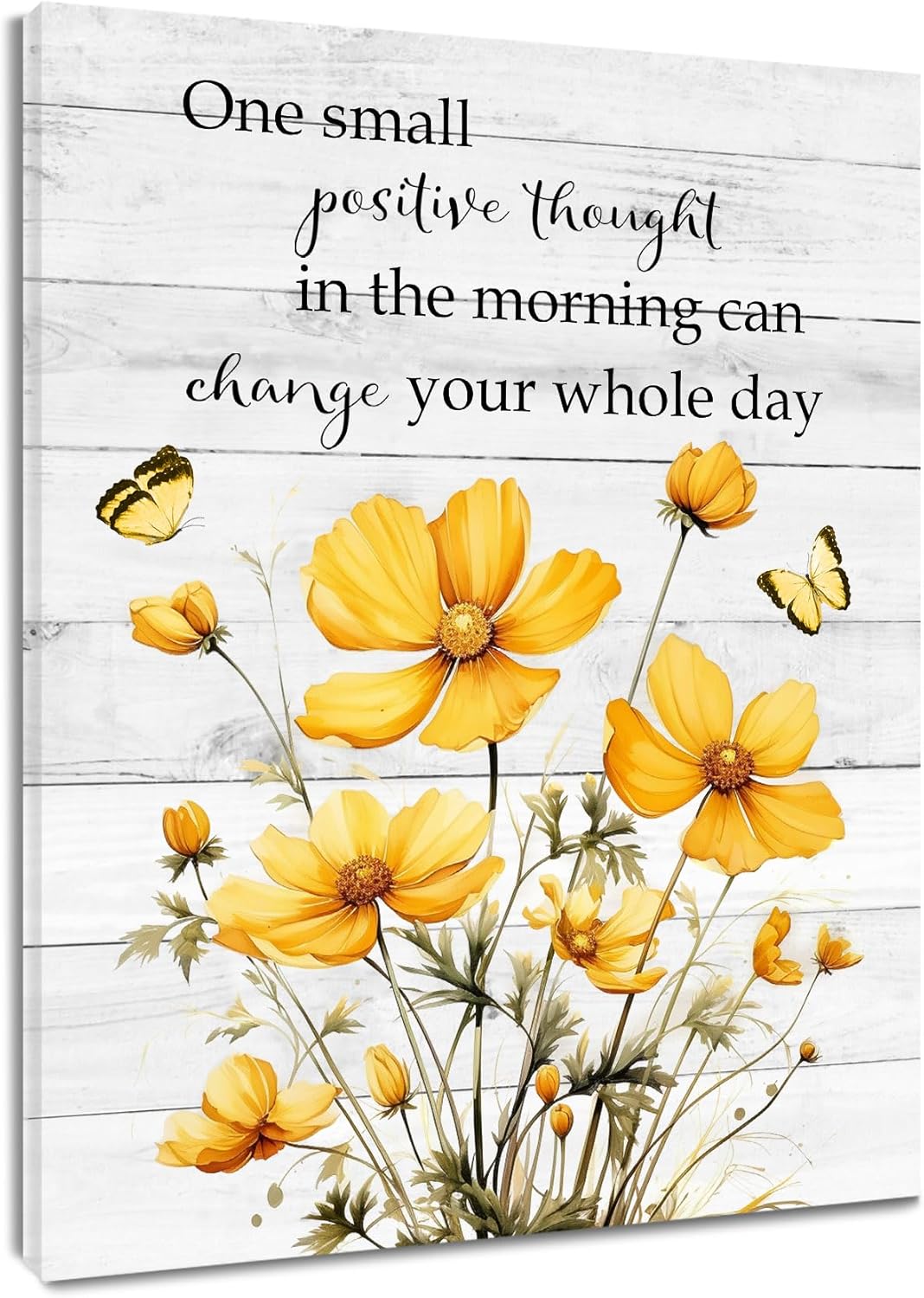 Rustic Yellow Floral Wall Art for Bathroom, Yellow and Gray Flower Butterfly on Rustic Wood Canvas Wall Art Country Wildflower pictures for Living Room Bedroom Wall Decor,16L X 12W inches