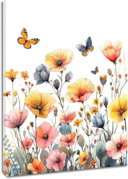 Rustic Yellow Floral Wall Art for Bathroom, Yellow and Gray Flower Butterfly on Rustic Wood Canvas Wall Art Country Wildflower pictures for Living Room Bedroom Wall Decor,16L X 12W inches