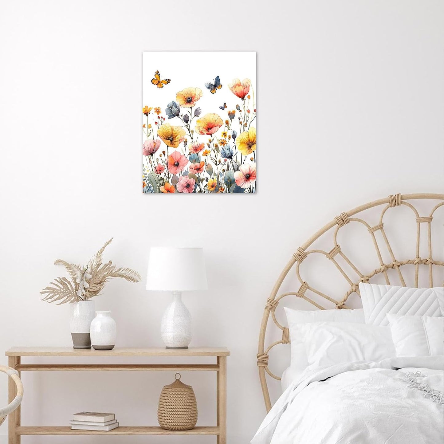 Rustic Yellow Floral Wall Art for Bathroom, Yellow and Gray Flower Butterfly on Rustic Wood Canvas Wall Art Country Wildflower pictures for Living Room Bedroom Wall Decor,16L X 12W inches
