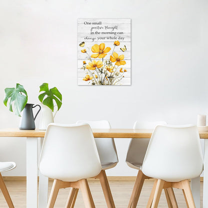Rustic Yellow Floral Wall Art for Bathroom, Yellow and Gray Flower Butterfly on Rustic Wood Canvas Wall Art Country Wildflower pictures for Living Room Bedroom Wall Decor,16L X 12W inches