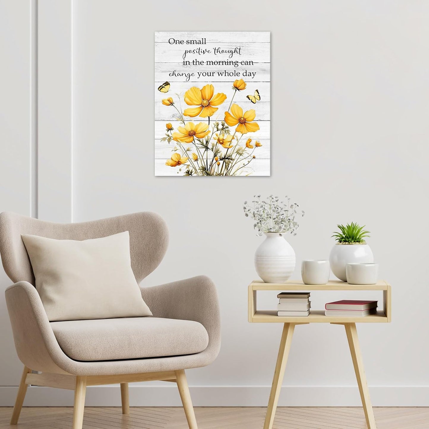 Rustic Yellow Floral Wall Art for Bathroom, Yellow and Gray Flower Butterfly on Rustic Wood Canvas Wall Art Country Wildflower pictures for Living Room Bedroom Wall Decor,16L X 12W inches