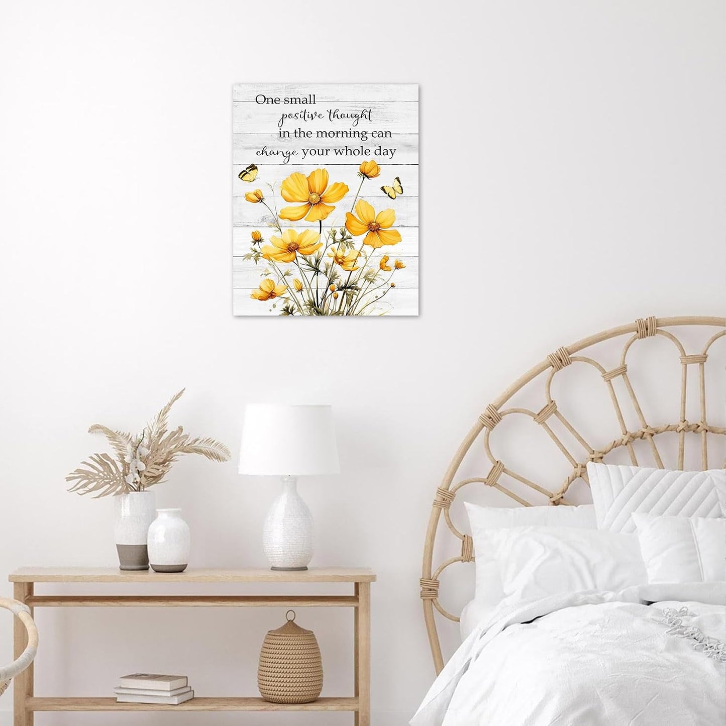 Rustic Yellow Floral Wall Art for Bathroom, Yellow and Gray Flower Butterfly on Rustic Wood Canvas Wall Art Country Wildflower pictures for Living Room Bedroom Wall Decor,16L X 12W inches