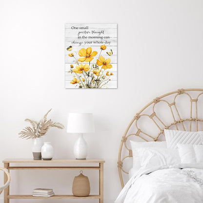 Rustic Yellow Floral Wall Art for Bathroom, Yellow and Gray Flower Butterfly on Rustic Wood Canvas Wall Art Country Wildflower pictures for Living Room Bedroom Wall Decor,16L X 12W inches