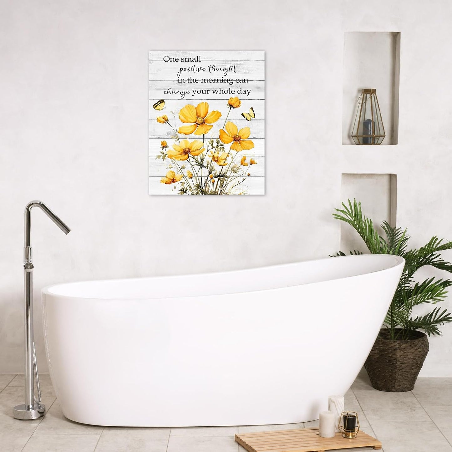 Rustic Yellow Floral Wall Art for Bathroom, Yellow and Gray Flower Butterfly on Rustic Wood Canvas Wall Art Country Wildflower pictures for Living Room Bedroom Wall Decor,16L X 12W inches