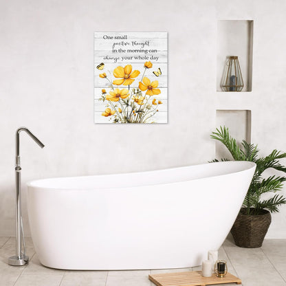Rustic Yellow Floral Wall Art for Bathroom, Yellow and Gray Flower Butterfly on Rustic Wood Canvas Wall Art Country Wildflower pictures for Living Room Bedroom Wall Decor,16L X 12W inches