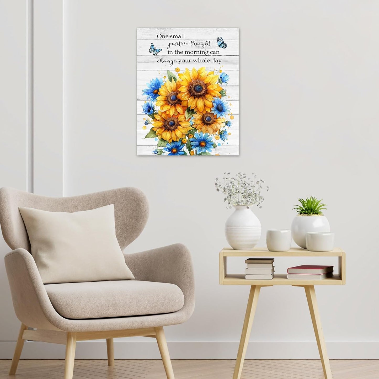Rustic Yellow Floral Wall Art for Bathroom, Yellow and Gray Flower Butterfly on Rustic Wood Canvas Wall Art Country Wildflower pictures for Living Room Bedroom Wall Decor,16L X 12W inches