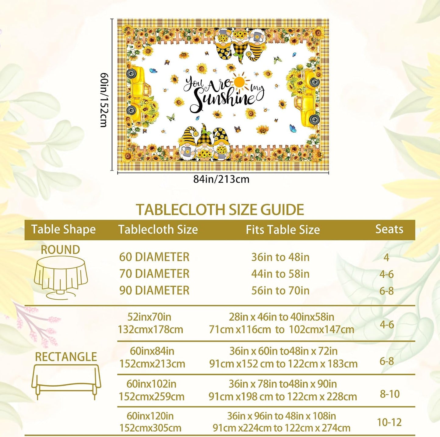 Summer Tablecloth 60x84 Inch, Rectangle Sunflower Tablecloths | You are My Sunshine, Gnomes, Truck, Summer Yellow Sunflower Decor, Floral Table Cloth, Home Party Dinner Decorations