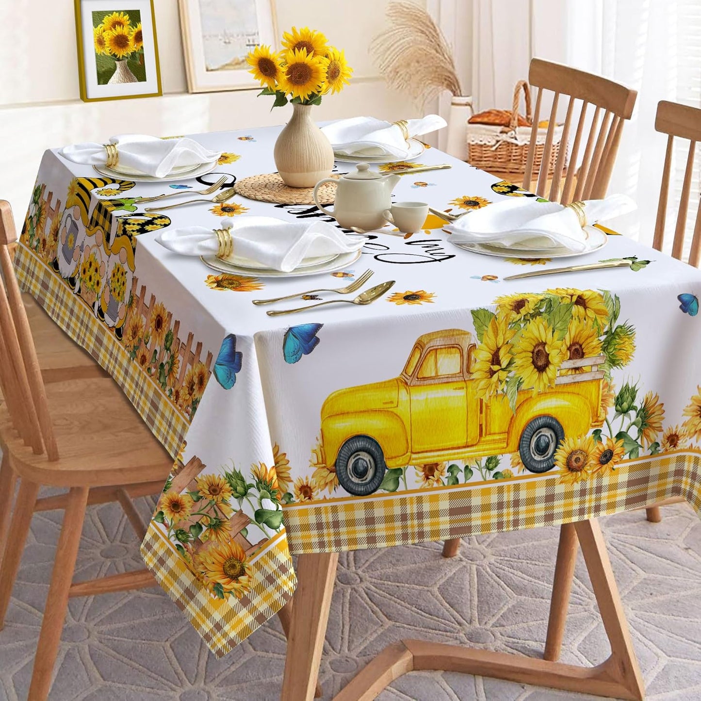 Summer Tablecloth 60x84 Inch, Rectangle Sunflower Tablecloths | You are My Sunshine, Gnomes, Truck, Summer Yellow Sunflower Decor, Floral Table Cloth, Home Party Dinner Decorations