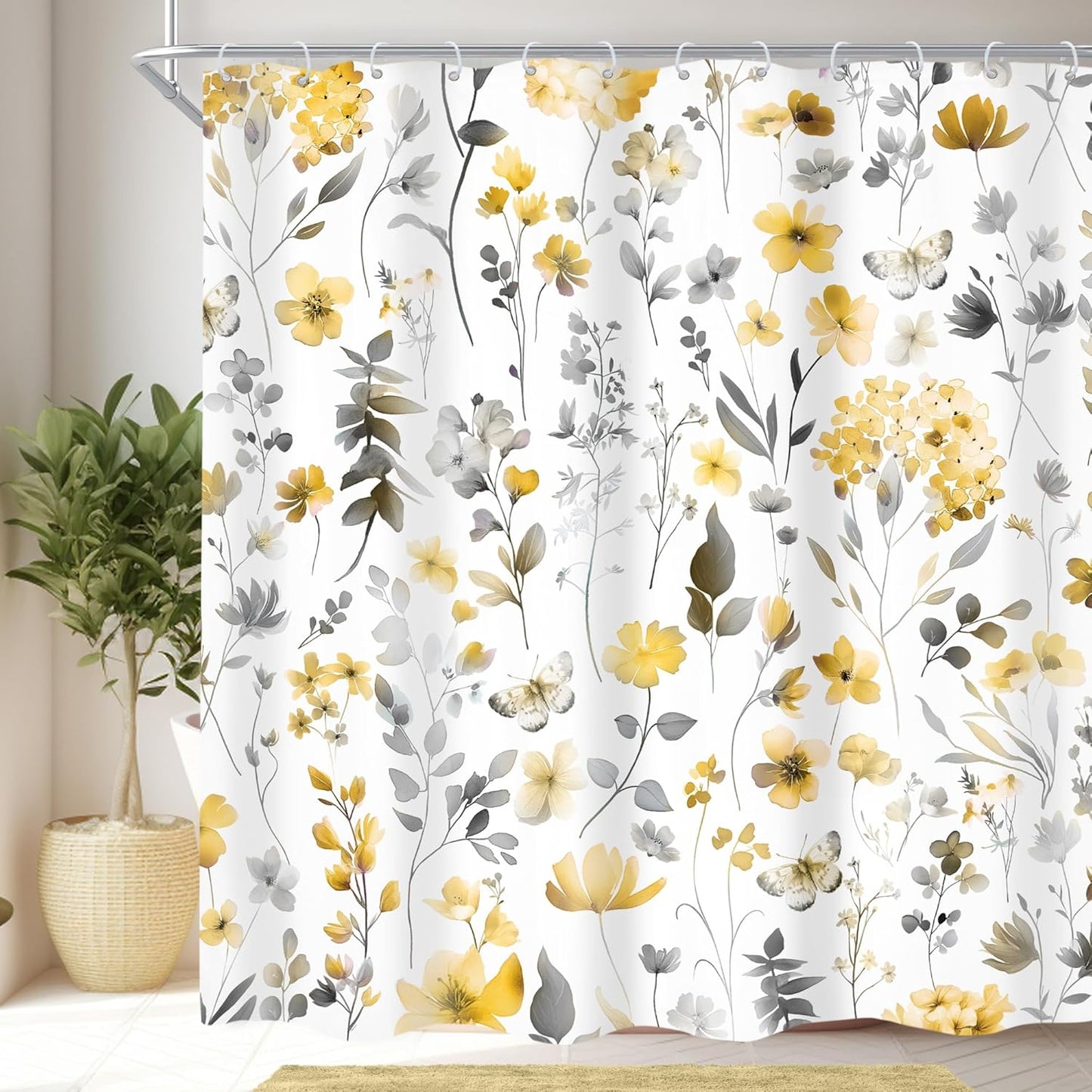 Yellow Gray Grey Flower Floral Shower Curtain,Wildflower Leaves Leaf Fabric Bathroom Curtains,Botanical Natural Watercolor Spring Summer Butterfly Cloth Shower Curtain Set with Hooks, 72Wx72H