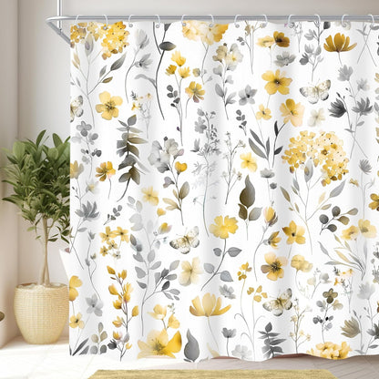 Yellow Gray Grey Flower Floral Shower Curtain,Wildflower Leaves Leaf Fabric Bathroom Curtains,Botanical Natural Watercolor Spring Summer Butterfly Cloth Shower Curtain Set with Hooks, 72Wx72H