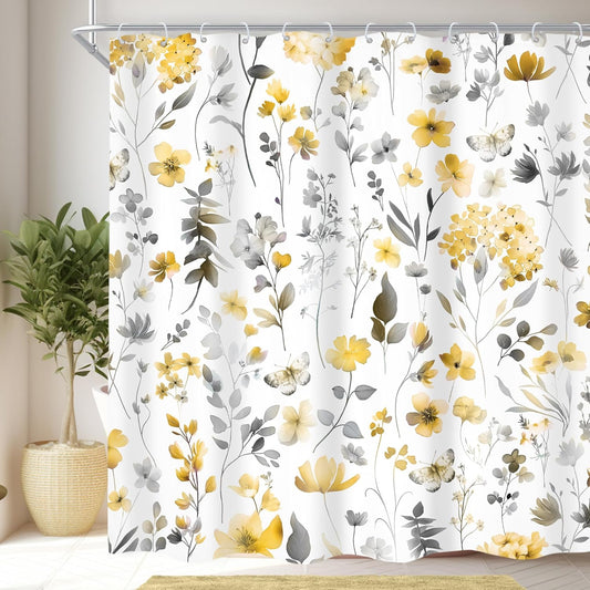 Yellow Gray Grey Flower Floral Shower Curtain,Wildflower Leaves Leaf Fabric Bathroom Curtains,Botanical Natural Watercolor Spring Summer Butterfly Cloth Shower Curtain Set with Hooks, 72Wx72H