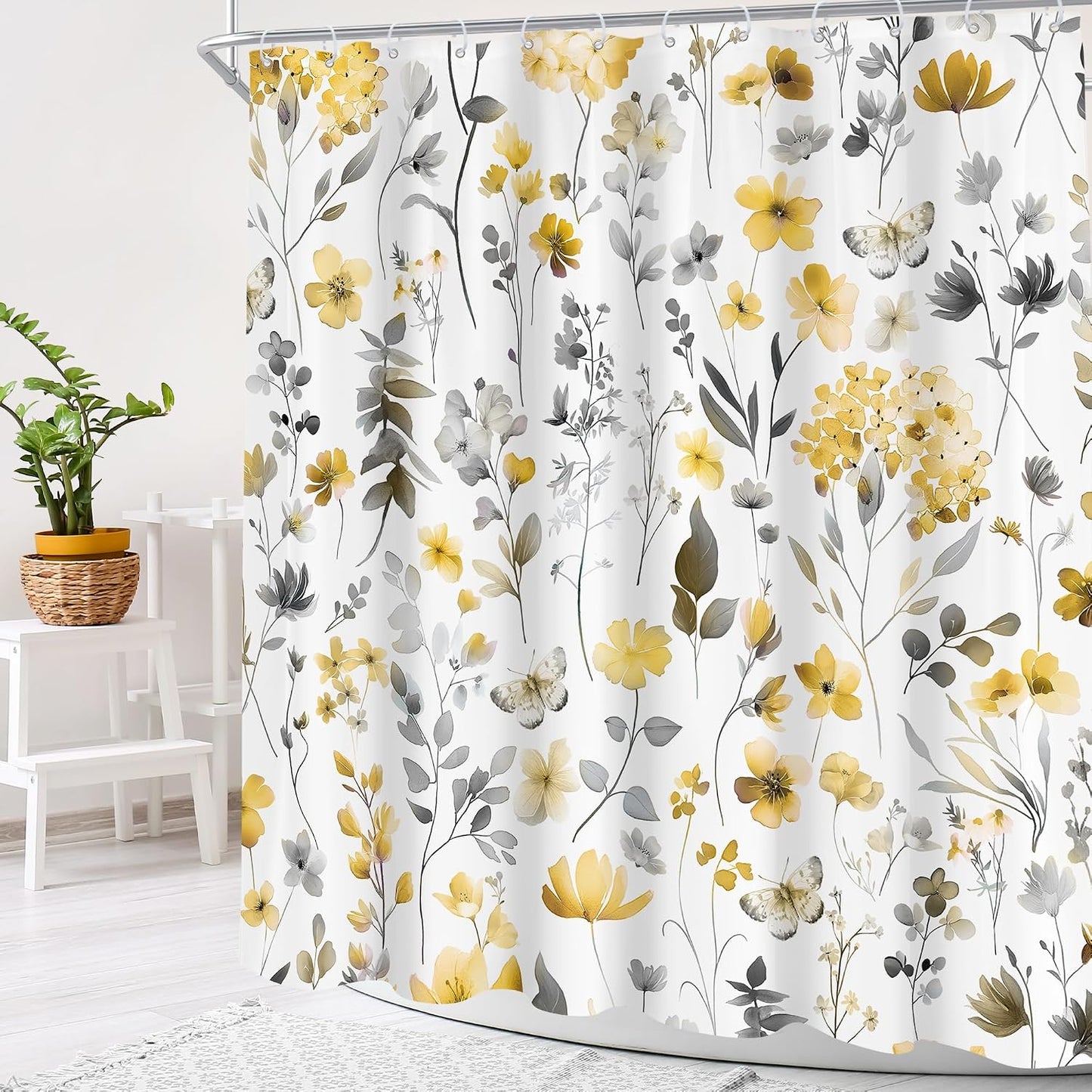 Yellow Gray Grey Flower Floral Shower Curtain,Wildflower Leaves Leaf Fabric Bathroom Curtains,Botanical Natural Watercolor Spring Summer Butterfly Cloth Shower Curtain Set with Hooks, 72Wx72H