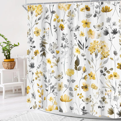 Yellow Gray Grey Flower Floral Shower Curtain,Wildflower Leaves Leaf Fabric Bathroom Curtains,Botanical Natural Watercolor Spring Summer Butterfly Cloth Shower Curtain Set with Hooks, 72Wx72H