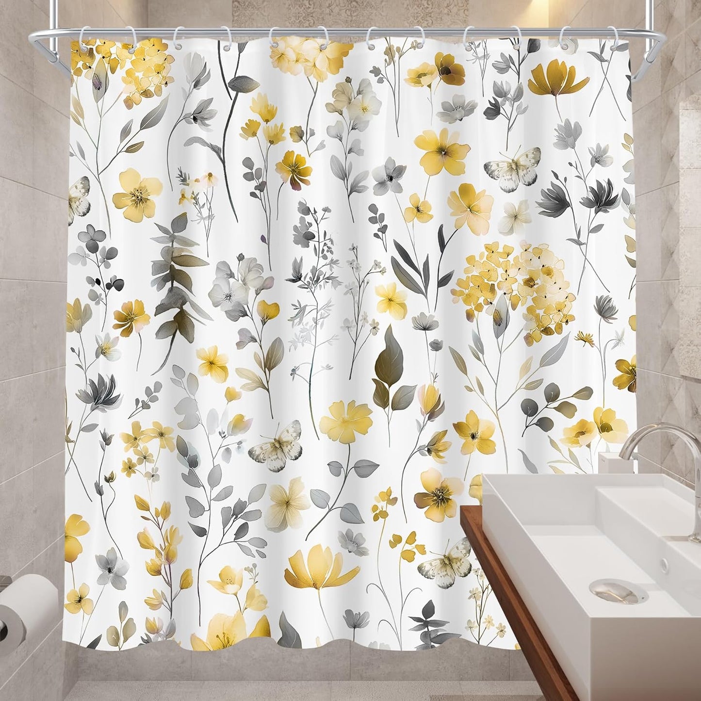 Yellow Gray Grey Flower Floral Shower Curtain,Wildflower Leaves Leaf Fabric Bathroom Curtains,Botanical Natural Watercolor Spring Summer Butterfly Cloth Shower Curtain Set with Hooks, 72Wx72H