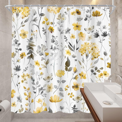 Yellow Gray Grey Flower Floral Shower Curtain,Wildflower Leaves Leaf Fabric Bathroom Curtains,Botanical Natural Watercolor Spring Summer Butterfly Cloth Shower Curtain Set with Hooks, 72Wx72H