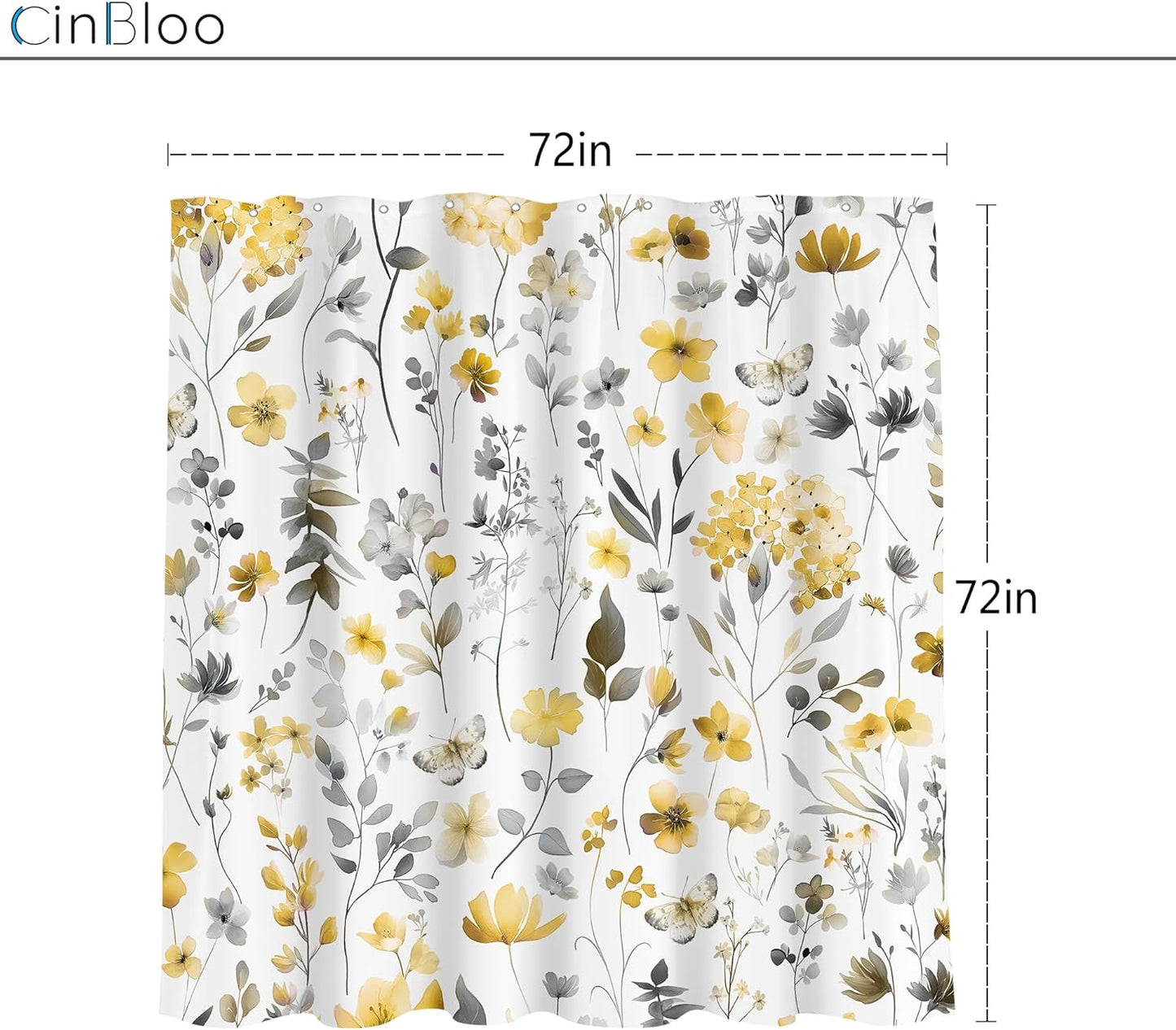 Yellow Gray Grey Flower Floral Shower Curtain,Wildflower Leaves Leaf Fabric Bathroom Curtains,Botanical Natural Watercolor Spring Summer Butterfly Cloth Shower Curtain Set with Hooks, 72Wx72H
