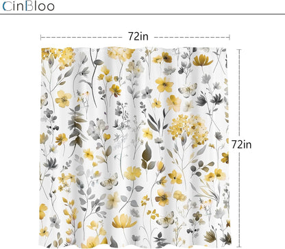 Yellow Gray Grey Flower Floral Shower Curtain,Wildflower Leaves Leaf Fabric Bathroom Curtains,Botanical Natural Watercolor Spring Summer Butterfly Cloth Shower Curtain Set with Hooks, 72Wx72H