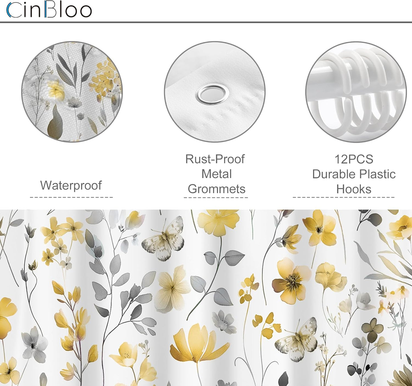 Yellow Gray Grey Flower Floral Shower Curtain,Wildflower Leaves Leaf Fabric Bathroom Curtains,Botanical Natural Watercolor Spring Summer Butterfly Cloth Shower Curtain Set with Hooks, 72Wx72H