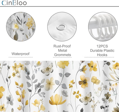 Yellow Gray Grey Flower Floral Shower Curtain,Wildflower Leaves Leaf Fabric Bathroom Curtains,Botanical Natural Watercolor Spring Summer Butterfly Cloth Shower Curtain Set with Hooks, 72Wx72H