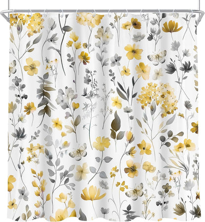 Yellow Gray Grey Flower Floral Shower Curtain,Wildflower Leaves Leaf Fabric Bathroom Curtains,Botanical Natural Watercolor Spring Summer Butterfly Cloth Shower Curtain Set with Hooks, 72Wx72H