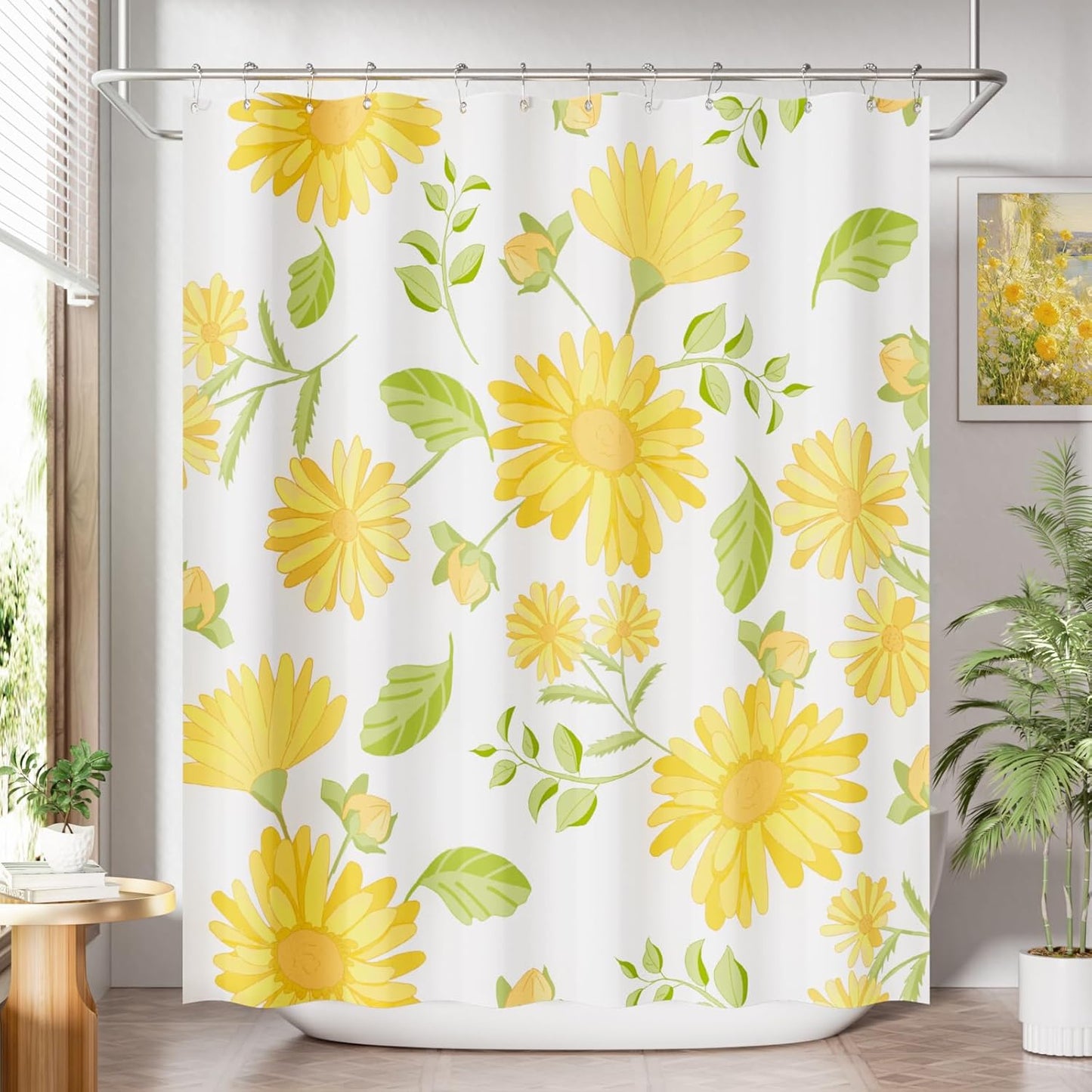 Floral Shower Curtain, Washable Cloth Shower Curtain Sets with 12 Shower Curtain Hooks, Fabric Rustic Yellow Gerbera Flower Eucalyptus Fall Shower Curtains for Bathroom Decor, 72x72 Inches