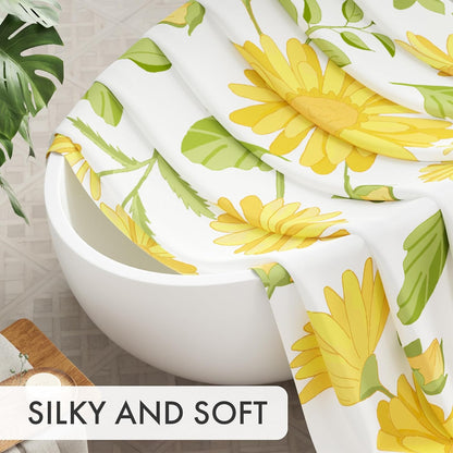 Floral Shower Curtain, Washable Cloth Shower Curtain Sets with 12 Shower Curtain Hooks, Fabric Rustic Yellow Gerbera Flower Eucalyptus Fall Shower Curtains for Bathroom Decor, 72x72 Inches