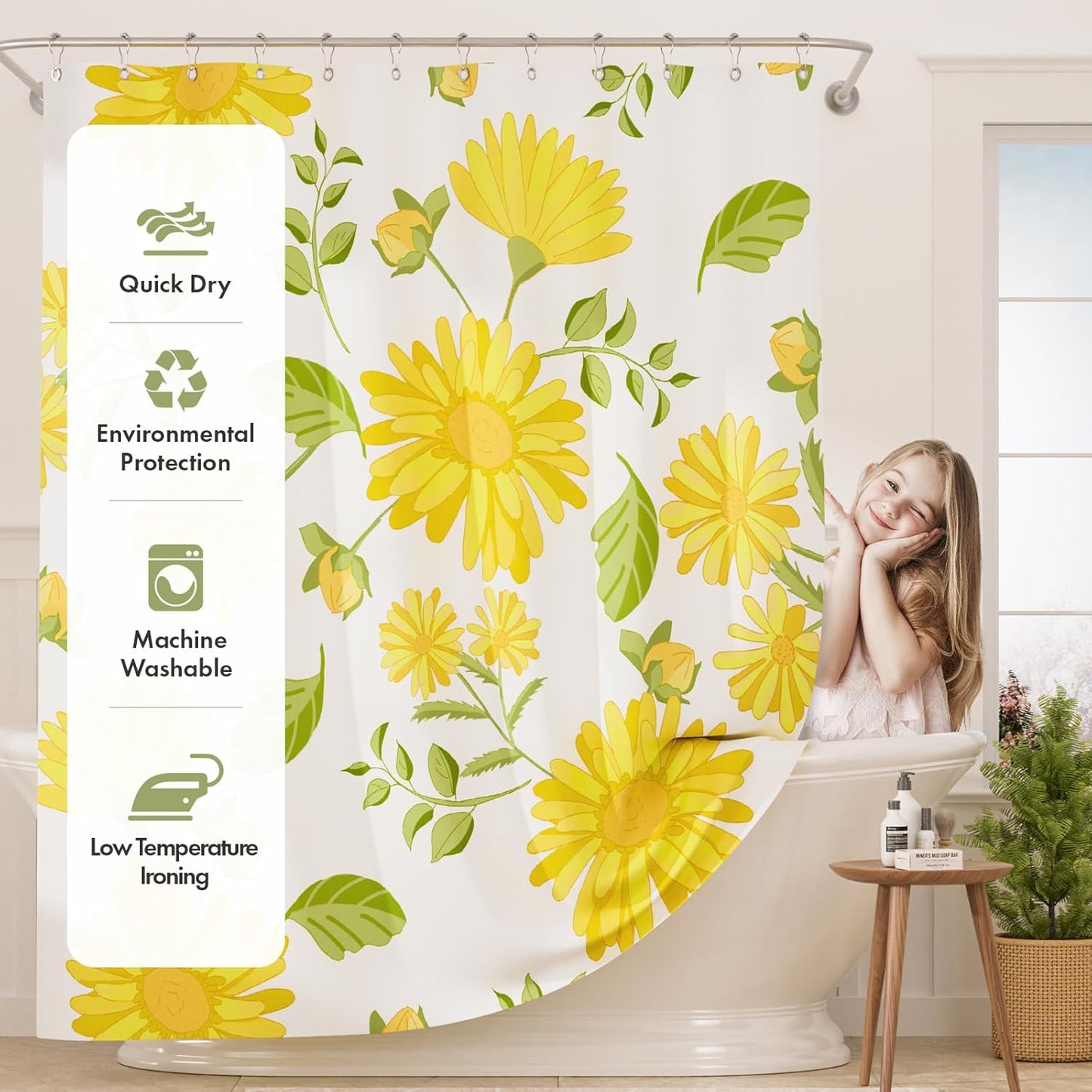 Floral Shower Curtain, Washable Cloth Shower Curtain Sets with 12 Shower Curtain Hooks, Fabric Rustic Yellow Gerbera Flower Eucalyptus Fall Shower Curtains for Bathroom Decor, 72x72 Inches