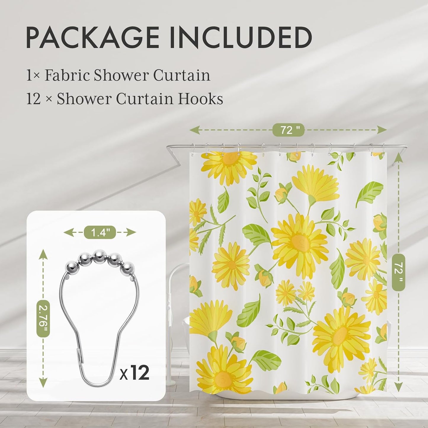 Floral Shower Curtain, Washable Cloth Shower Curtain Sets with 12 Shower Curtain Hooks, Fabric Rustic Yellow Gerbera Flower Eucalyptus Fall Shower Curtains for Bathroom Decor, 72x72 Inches