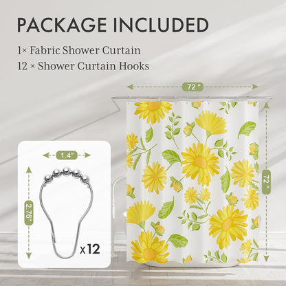 Floral Shower Curtain, Washable Cloth Shower Curtain Sets with 12 Shower Curtain Hooks, Fabric Rustic Yellow Gerbera Flower Eucalyptus Fall Shower Curtains for Bathroom Decor, 72x72 Inches