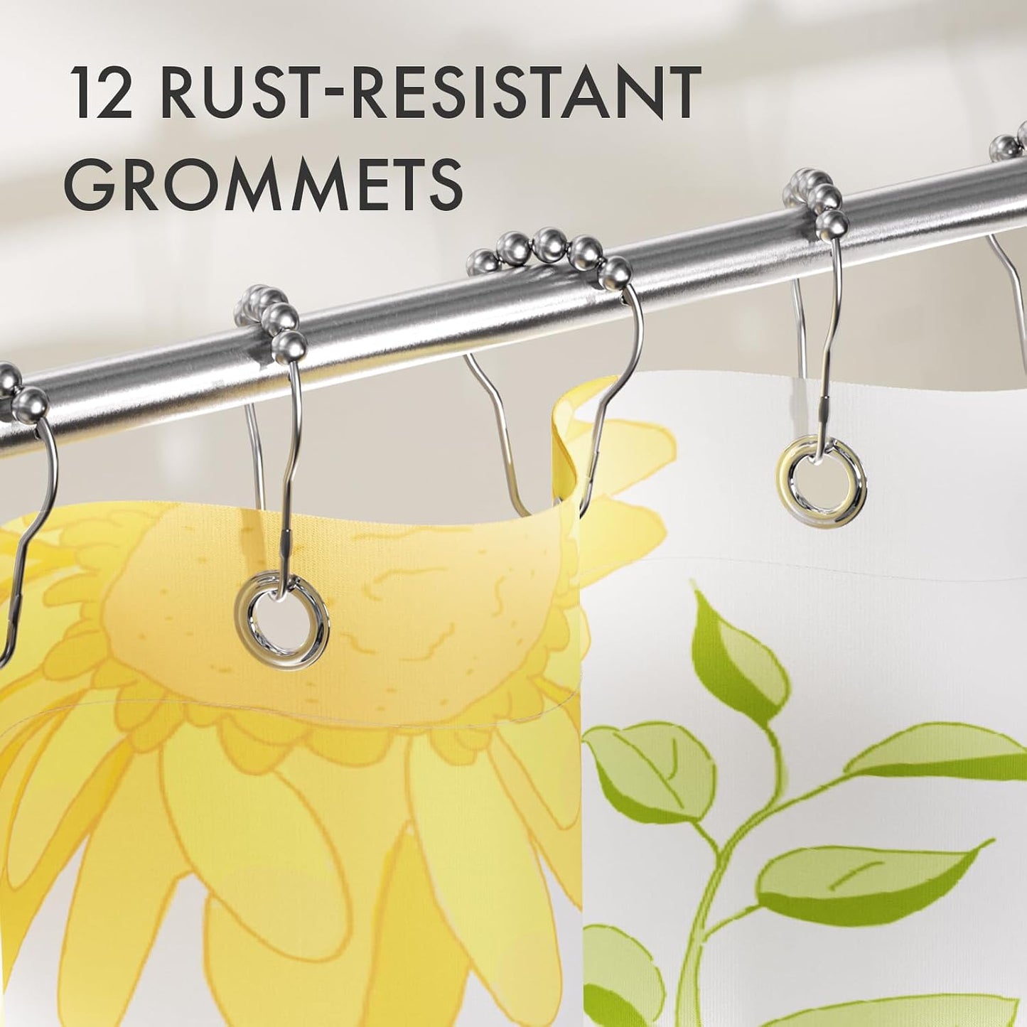 Floral Shower Curtain, Washable Cloth Shower Curtain Sets with 12 Shower Curtain Hooks, Fabric Rustic Yellow Gerbera Flower Eucalyptus Fall Shower Curtains for Bathroom Decor, 72x72 Inches