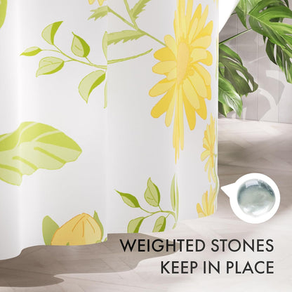 Floral Shower Curtain, Washable Cloth Shower Curtain Sets with 12 Shower Curtain Hooks, Fabric Rustic Yellow Gerbera Flower Eucalyptus Fall Shower Curtains for Bathroom Decor, 72x72 Inches