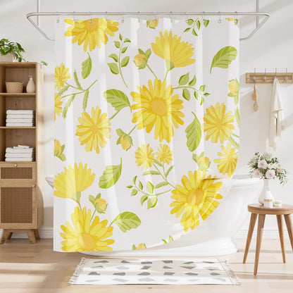 Floral Shower Curtain, Washable Cloth Shower Curtain Sets with 12 Shower Curtain Hooks, Fabric Rustic Yellow Gerbera Flower Eucalyptus Fall Shower Curtains for Bathroom Decor, 72x72 Inches