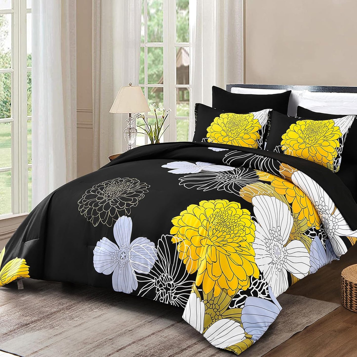7 Pieces King Yellow Black Comforter Set Bed in a Bag Floral Bedding Set Soft Microfiber Boho Comforter (1 Comforter 1 Flat Sheet 1 Fitted Sheet 2 Pillowshams 2 Pillowcases)